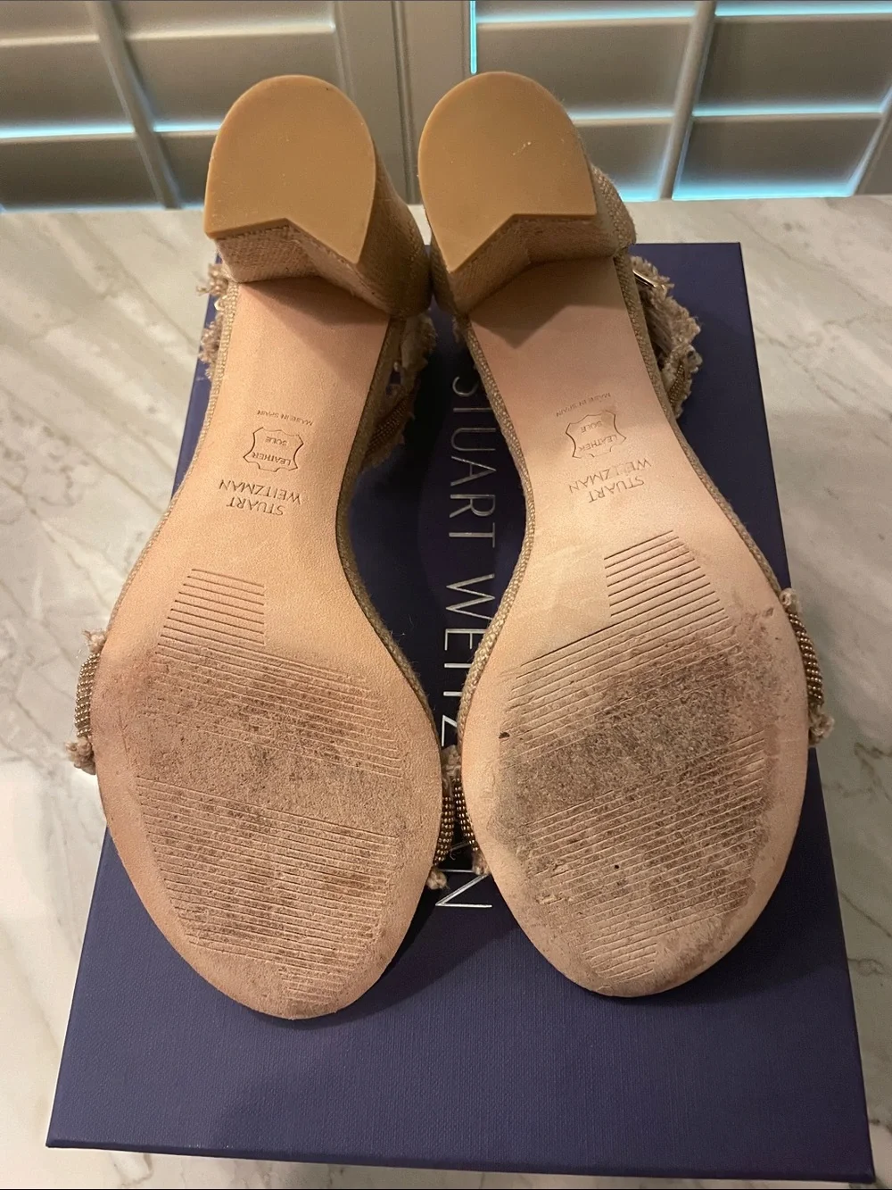 Stuart Weitzman Nude-Beige Frayed Ankle Strap Block Heels